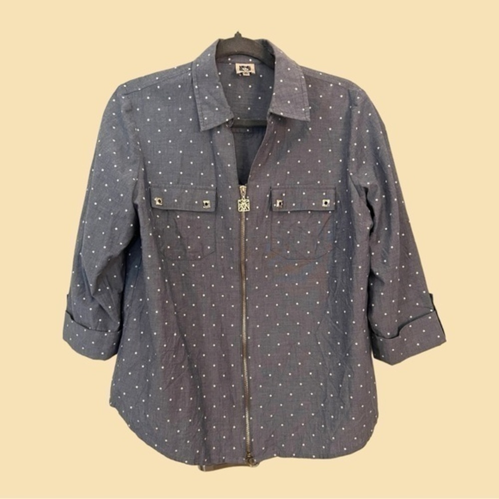 ANNE KLEIN M Chambray Denim Zip-Front Top